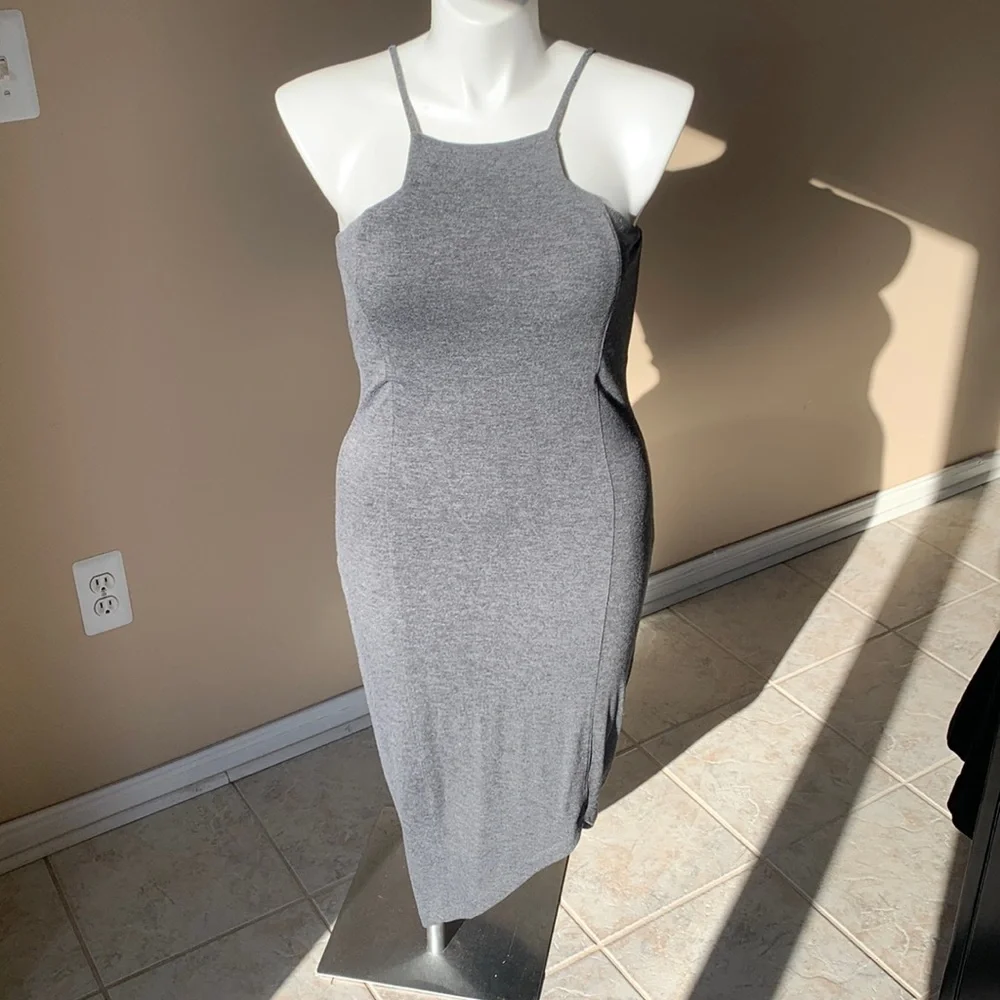 Express Gray High Neck Midi‎ Angled Hem Form fitting dress size Large